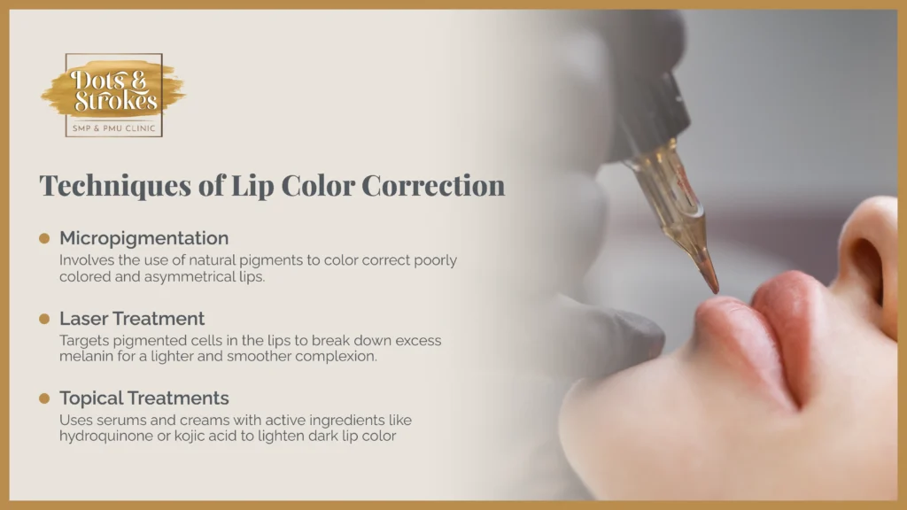 The image provides an overview of various methods used to correct lip color