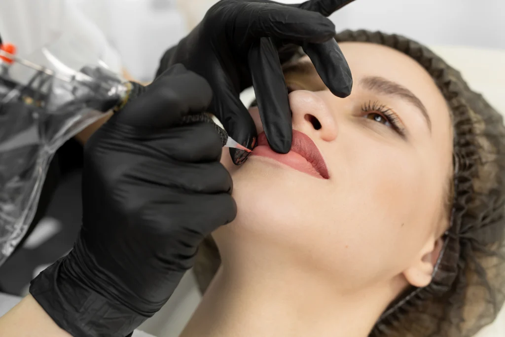 The image shows a close-up of a client receiving a lip blushing treatment.