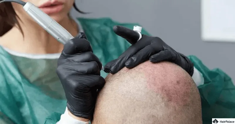 The image shows a technician performing permanent makeup on a client's bald head