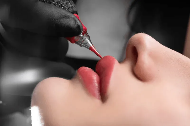 The image shows a close-up of the permanent lip color application process