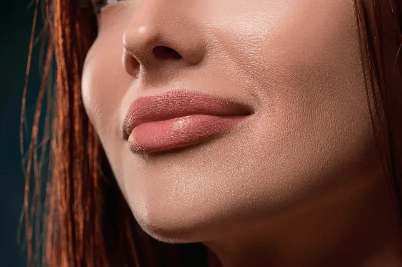 Natural, matte-finished lips showcasing post-permanent lip color results.