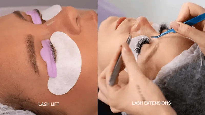 This image provides a side-by-side comparison between a lash lift and lash extensions