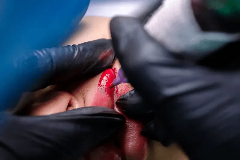 The image shows the process of applying a lipstick tattoo