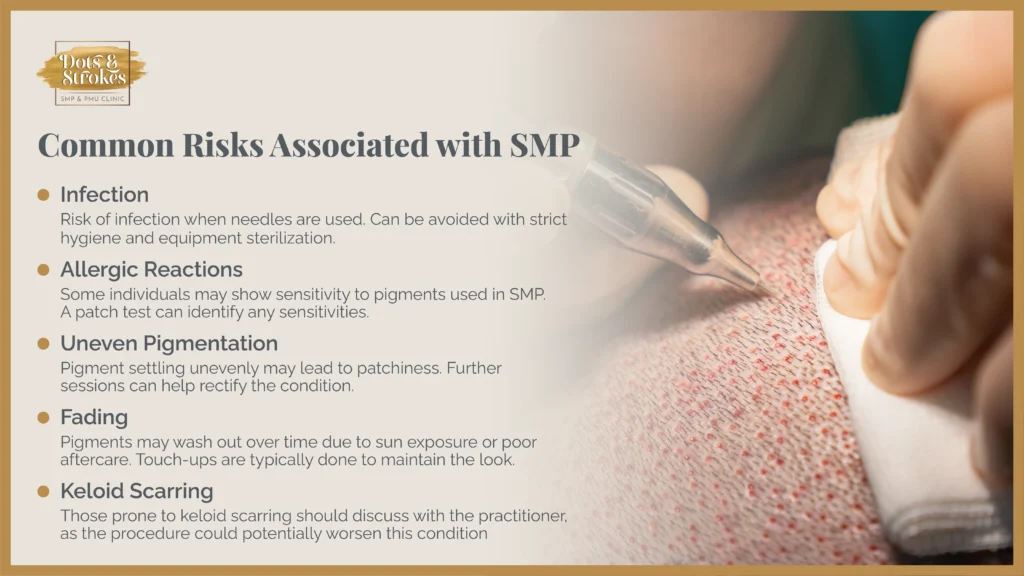 The image outlines common risks associated with Scalp Micropigmentation (SMP)