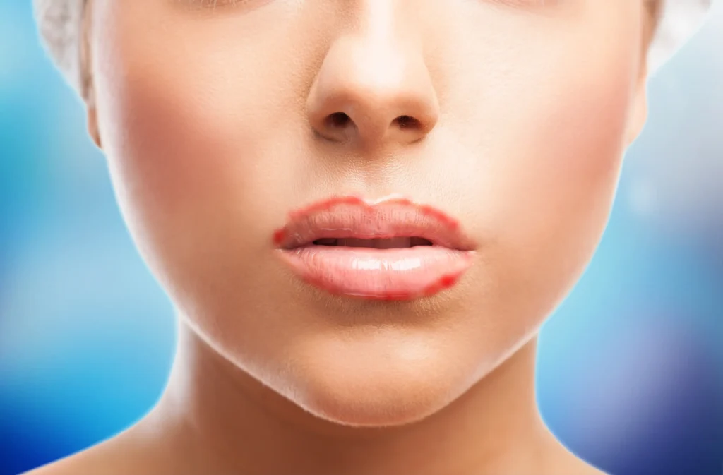 The image highlights the potential complications associated with cosmetic procedures, specifically lip color correction.