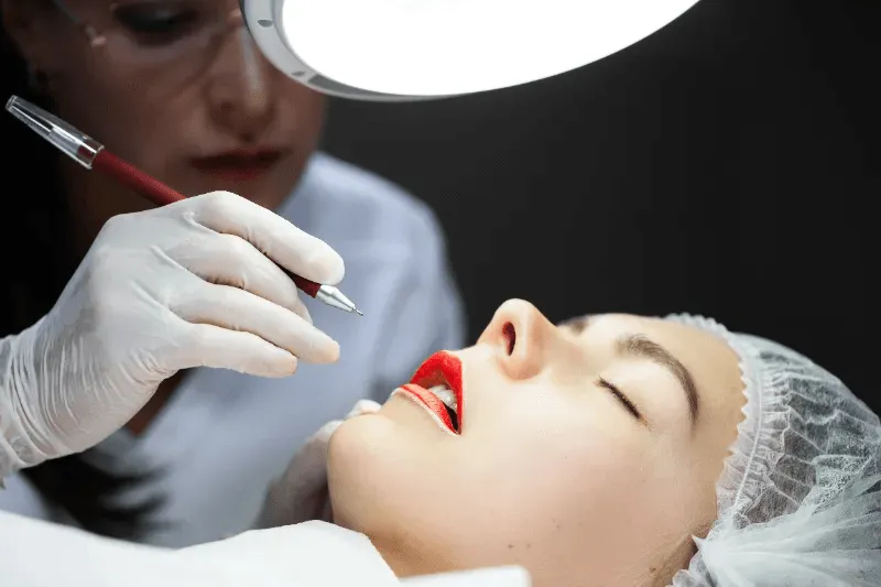 The image depicts a cosmetic procedure where a professional is applying permanent lip color, permanent lip colour price