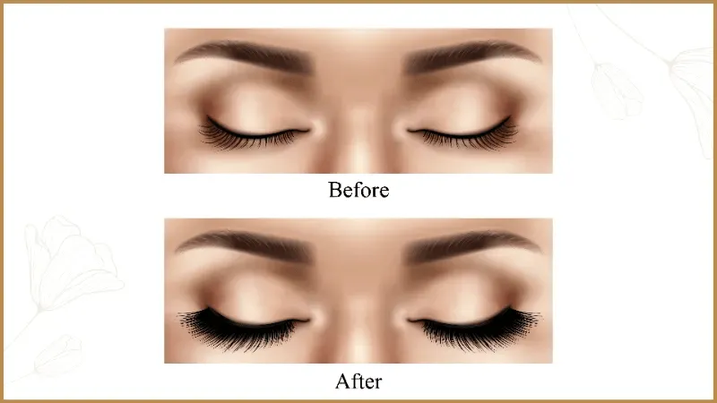 The image showcases a clear comparison between natural lashes and lashes enhanced with extensions.